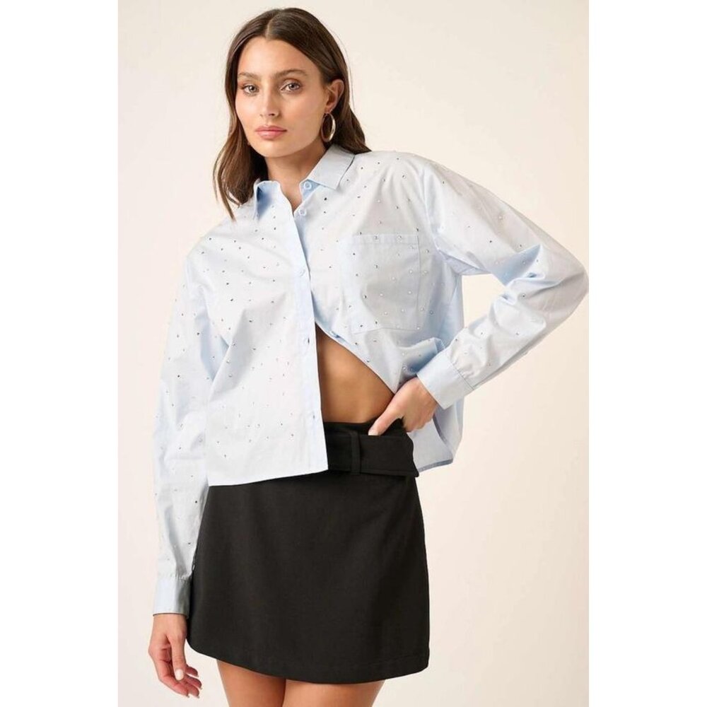 Light Blue Embroidered Polka Dot Blouse Button Down Long Sleeve